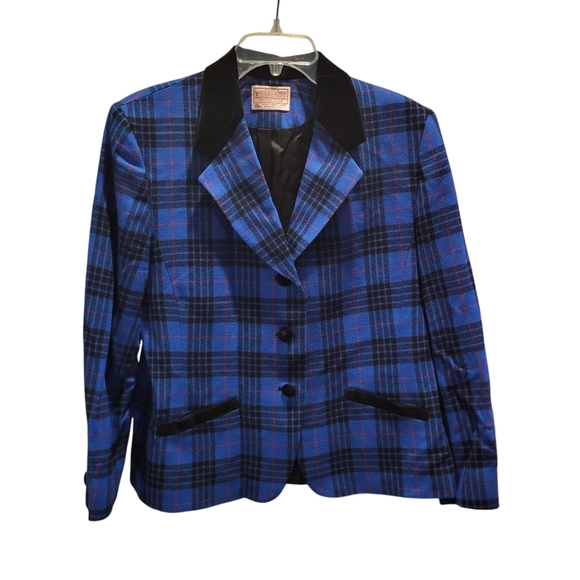 Vintage Pendleton Women's Blue Plaid Blazer Sz 14 Petite 100% Virgin Wool Velvet - Picture 1 of 5